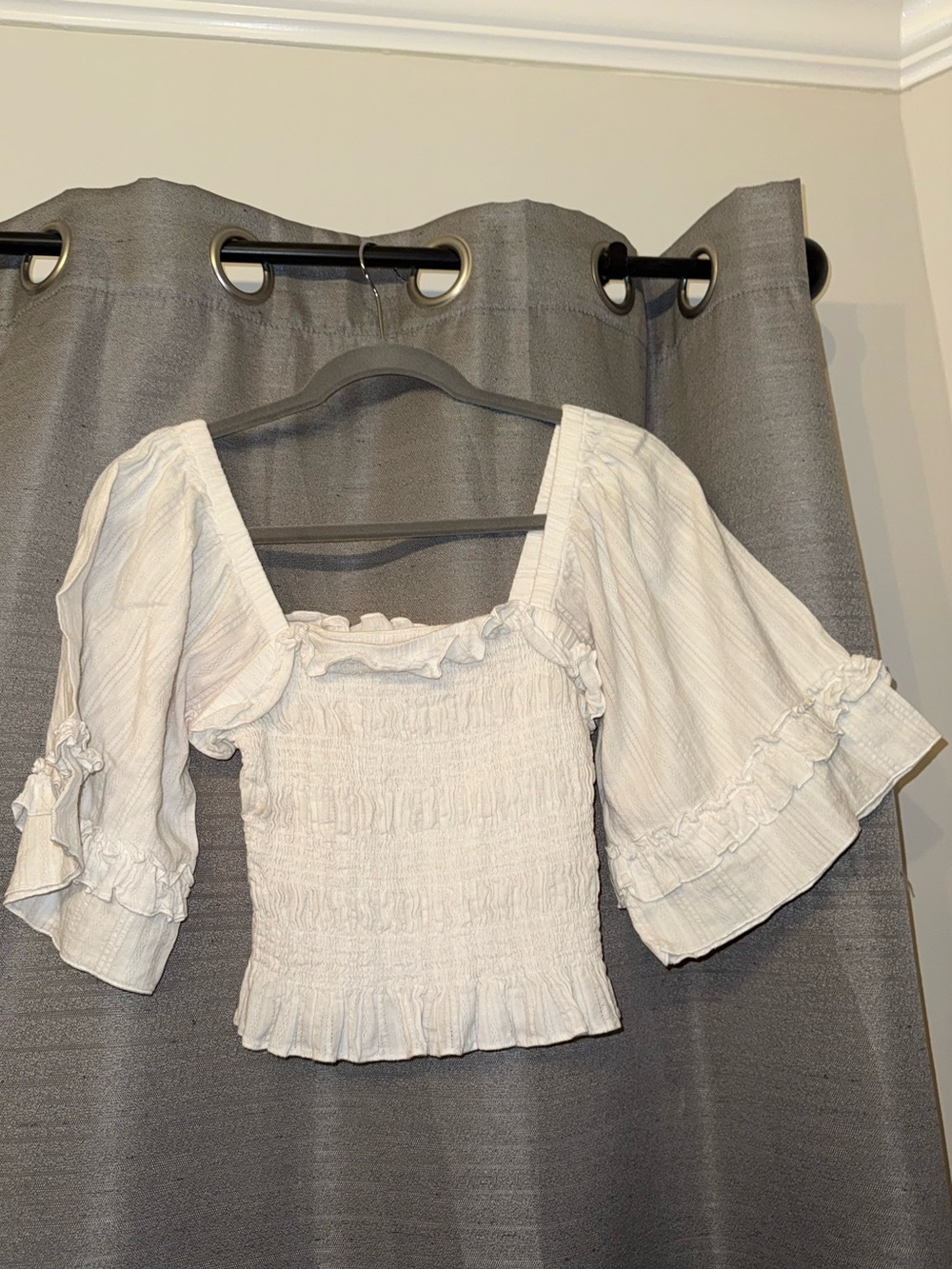 Ella Cream Smocked Square-Neck Crop Top with Ruffle Sleeves
